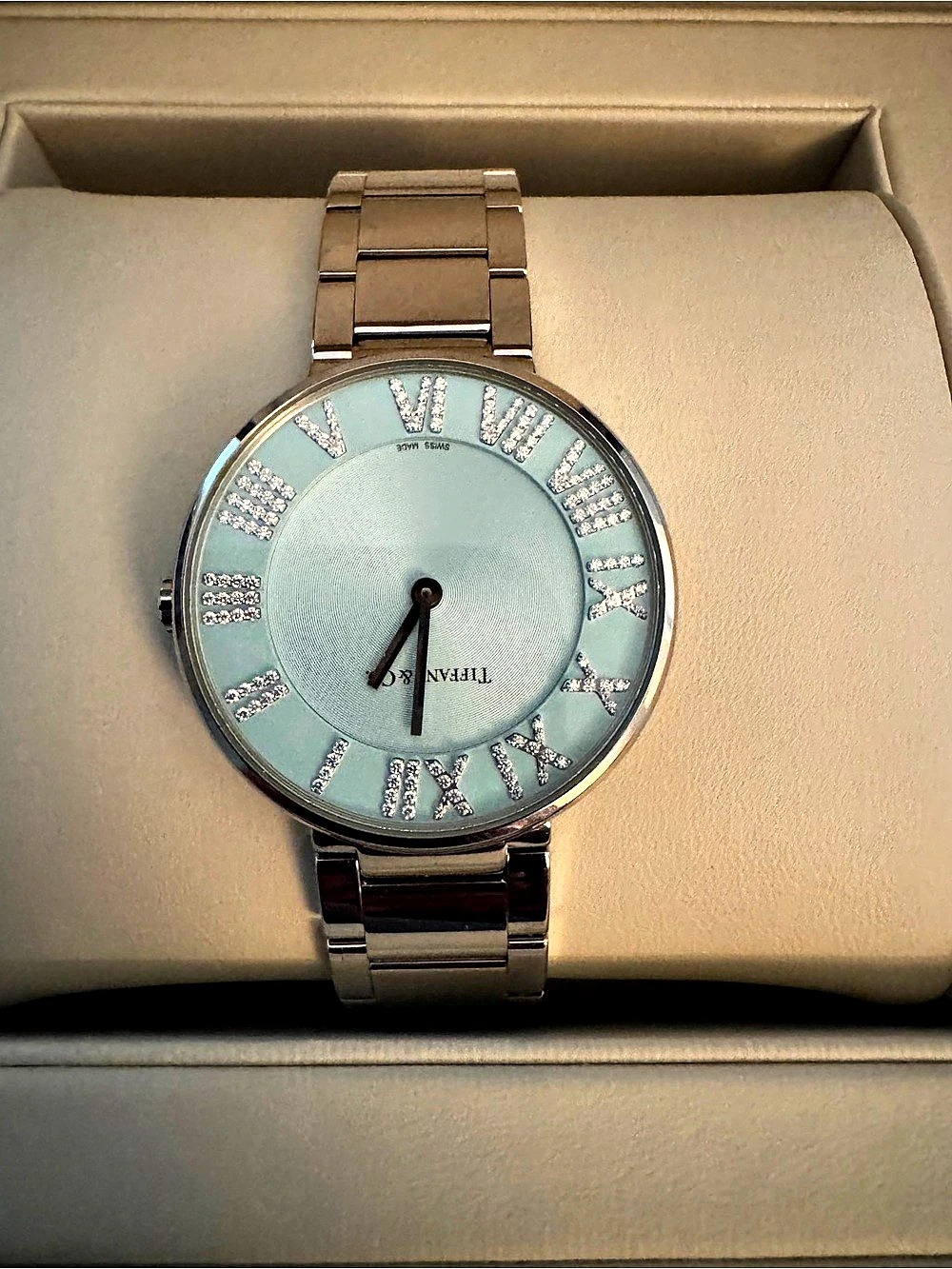 Tiffany & Co. Tiffany Atlas Stainless Steel Diamond Dial Watch. Silver & Green